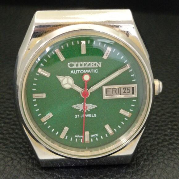 Vintage 1990 Citizen Automatic Mens Silver Watch W/daydate & Green accents - Picture 4 of 8